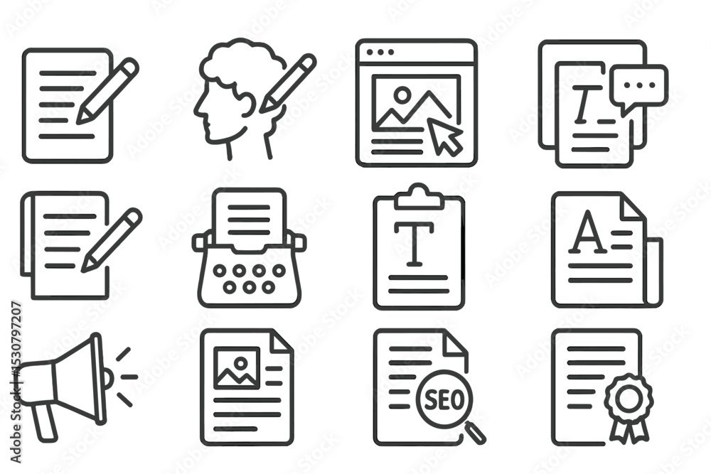 Poster Visual elements of writing, editing, and digital content creation in a modern workspace