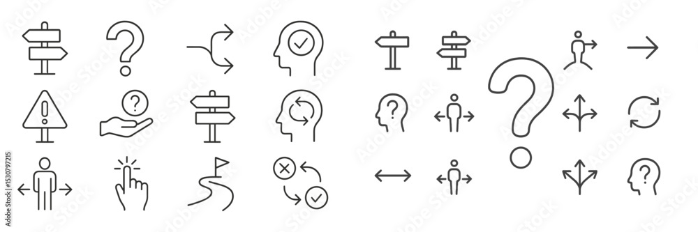 Poster Collection of symbols representing navigation, decision-making, and thought processes in a minimalistic design