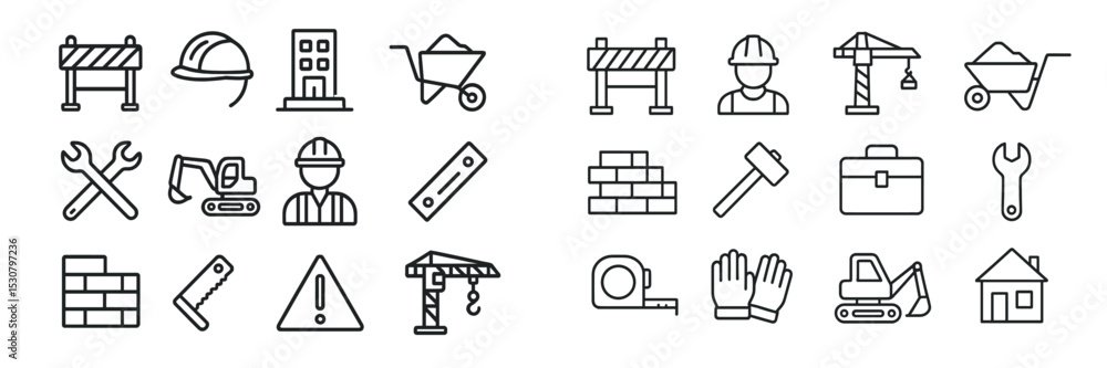 Poster Construction tools and symbols displayed in a simple line art design for various building activities
