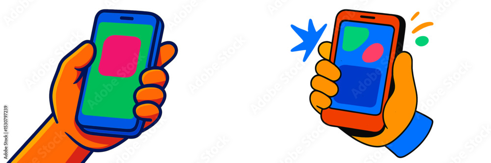 Poster two hands holding smartphones with colorful app icons prominently displayed, showcasing digital inte