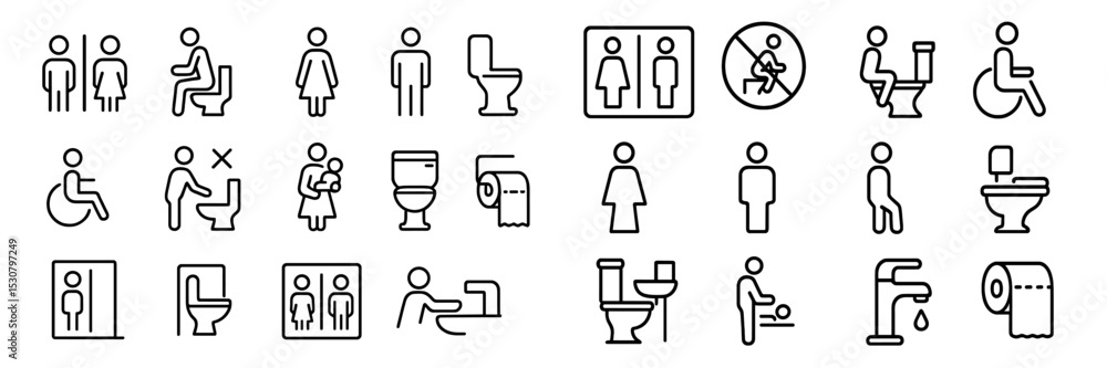 Poster various restroom and accessibility symbols depicted in a clear and simplified design for public faci