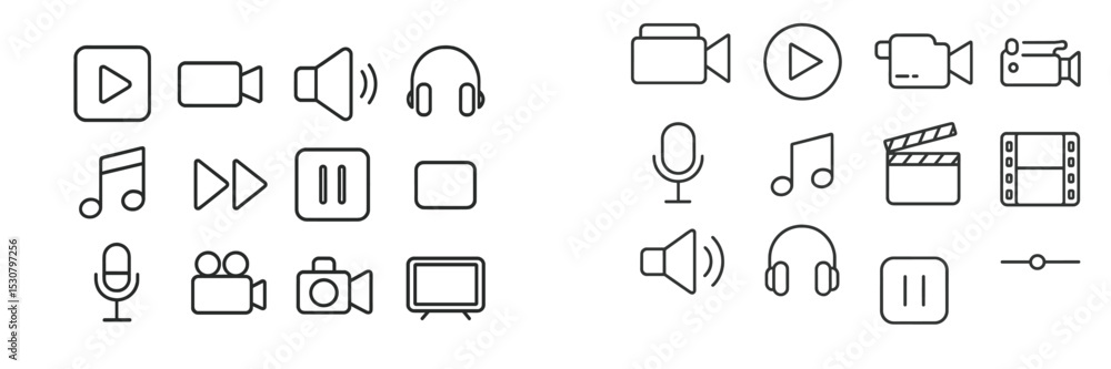 Poster variety of media icons illustrating sound, video, and playback functions in a minimalistic design