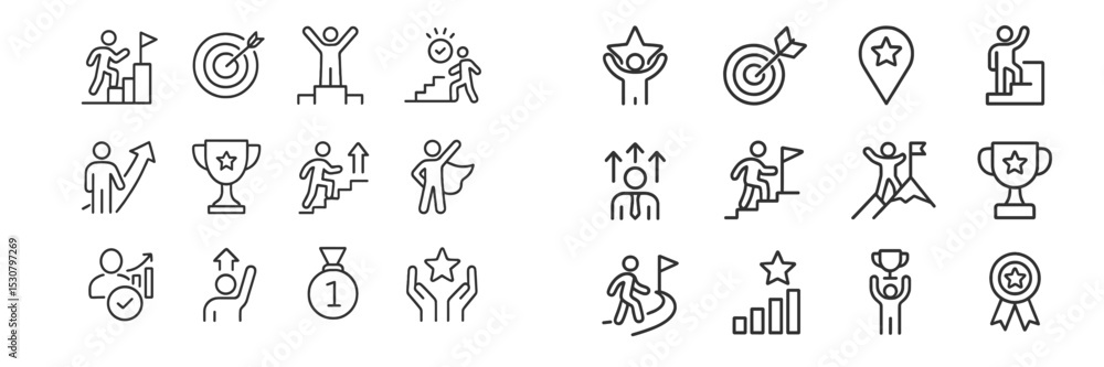 Poster Symbols of achievement and motivation represented in minimalistic line art with various success and goal-oriented icons