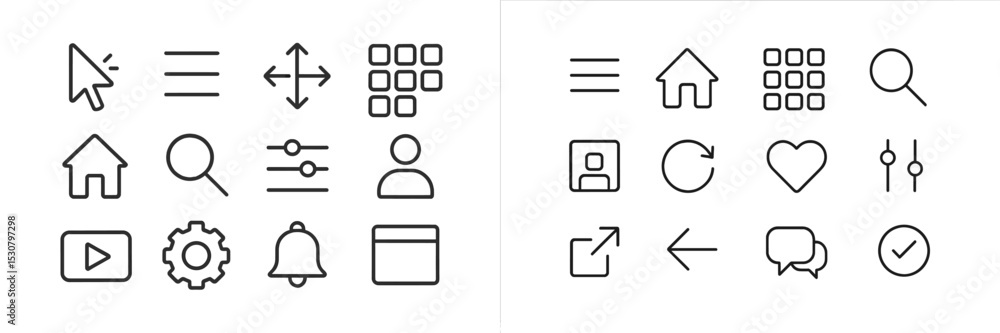 Poster Collection of minimalist vector icons representing user interface elements for digital applications and websites