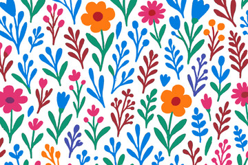 Bright floral pattern with colorful flowers and greenery on a white background ideal for various design projects