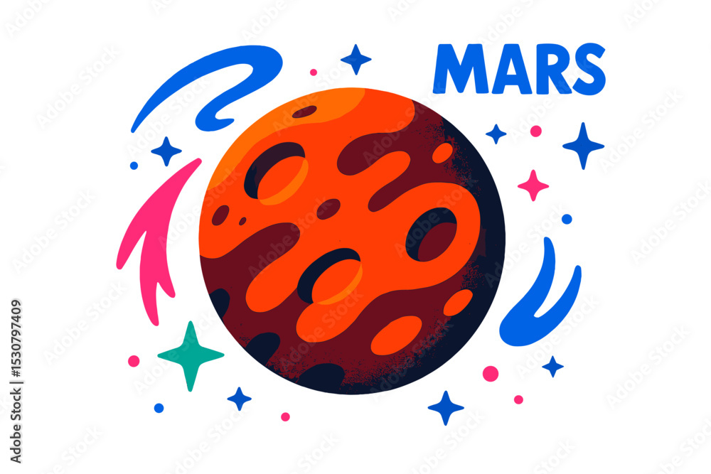 Poster Mars depicted as a vibrant red planet with colorful elements illustrating space and celestial features
