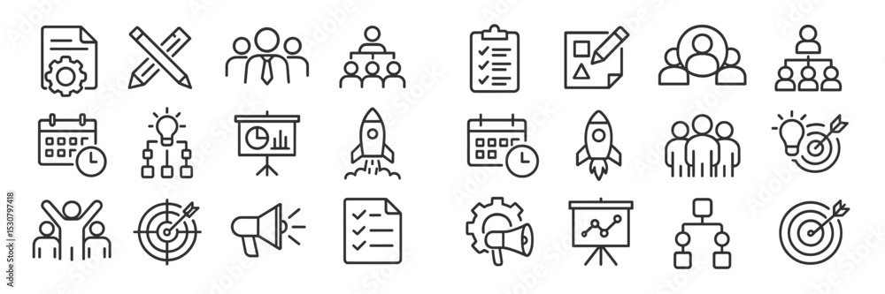Poster icons representing teamwork, planning, and project management in a modern office setting with a focu