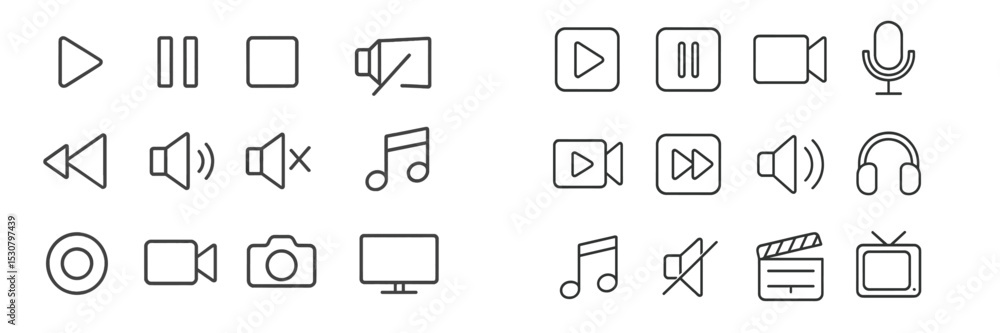 Poster collection of multimedia control icons used in digital media interfaces for playback, volume, and re