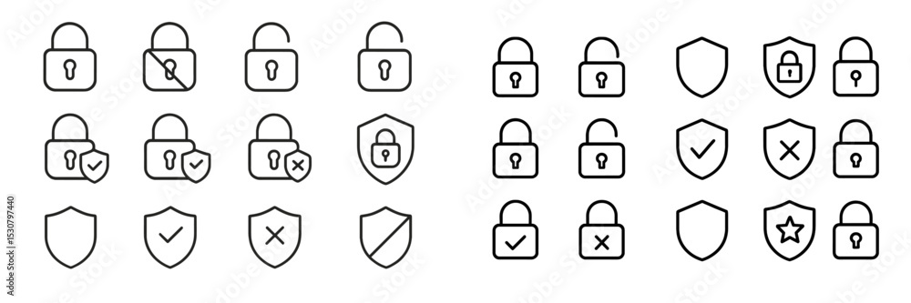 Poster various lock icons and shield symbols designed for security themes in a minimalistic style showcasin