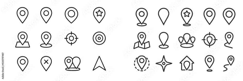 Poster Collection of various location markers and navigation icons in a minimalist design for digital applications and maps