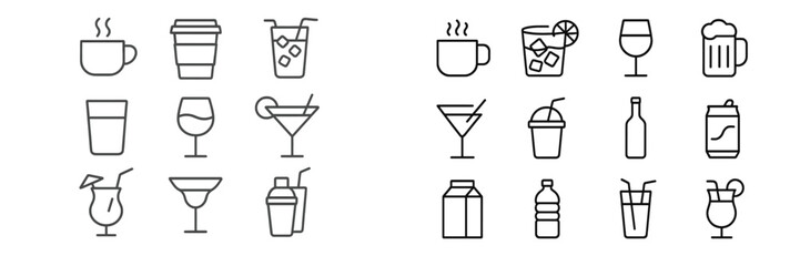 Variety of beverage icons including coffee, cocktails, and sodas in minimalistic design for creative projects