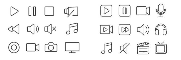 Collection of multimedia control icons used in digital media interfaces for playback, volume, and recording