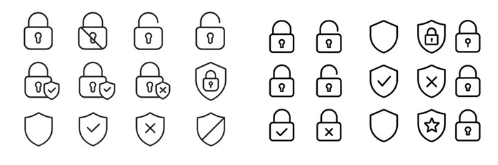 Various lock icons and shield symbols designed for security themes in a minimalistic style showcasing different states of security