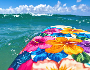 A vibrantly decorated surfboard with colorful tropical flowers floats on turquoise ocean water under a bright blue sky, capturing the essence of a perfect beach day.	