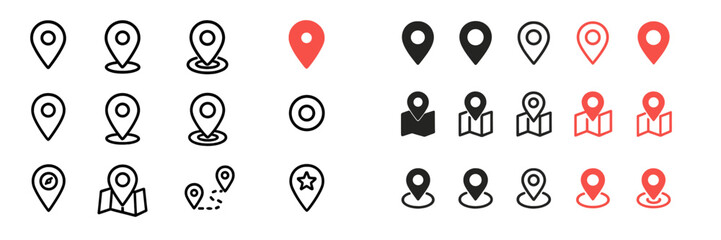 Collection of pin icons representing locations and maps for use in digital navigation and geolocation tools