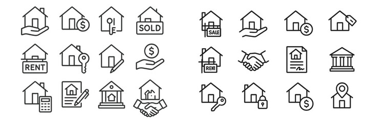 Real estate icons representing transactions, listings, and property management in a flat design layout