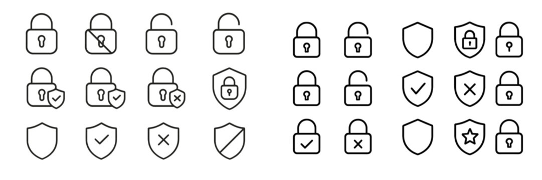 Various lock icons and shield symbols designed for security themes in a minimalistic style showcasing different states of security