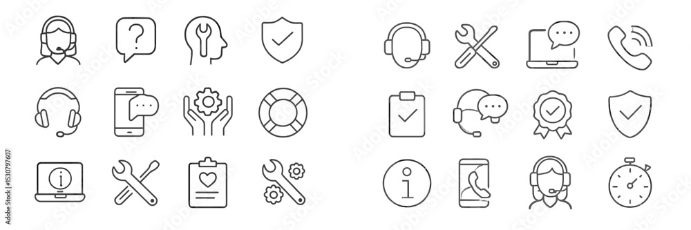 Poster Collection of icons representing customer support, troubleshooting, and technical assistance activities across various devices and platforms