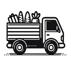 Graphic Black And White Illustration Of A Small Truck Carrying Harvest Vegetables To Market