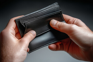 Man's Hands Holding a Black Leather Wallet, Close Up View, Dark Background Style