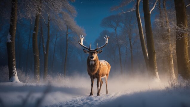 During nighttime in a snowy forest, a solitary large-horned deer.