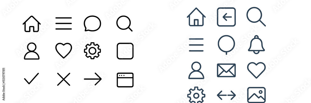 Poster Collection of minimalist icons illustrating various functions and user interface elements for digital applications