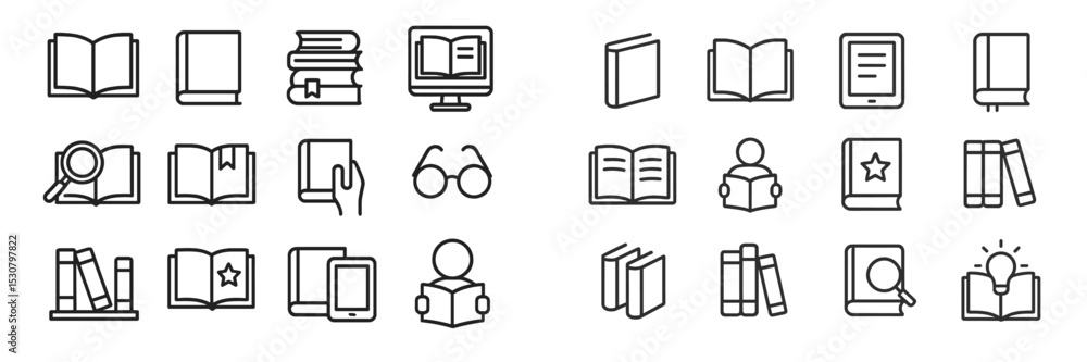 Poster collection of various book icons illustrating reading, studying, and digital learning environments d