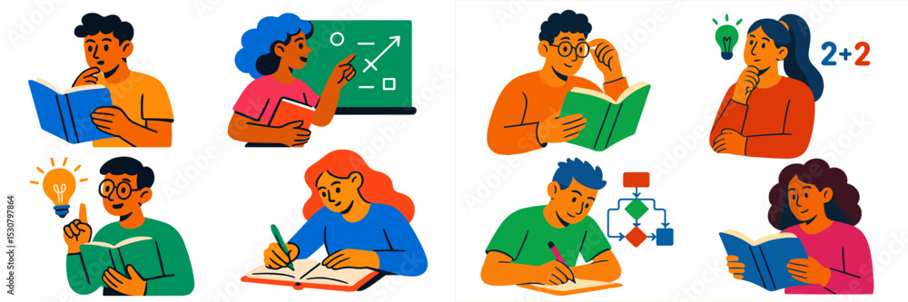 Aufkleber illustration of diverse individuals engaged in various learning activities and studying in a classro
