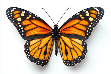 Monarch Butterfly with Symmetrical Orange Wings, Black Accents, and White Spots Isolated on White