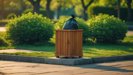 Fototapeta premium A wooden trash can is positioned in a green park along the sidewalk.