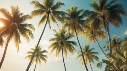 Background of tropical coconut or palm palms in sunshine, ideal for vacation planning with a pastel toned aesthetic.