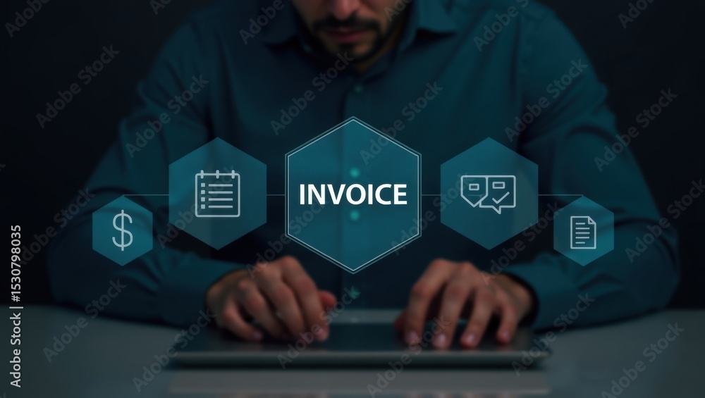 Aufkleber person using a tablet with invoice interface.