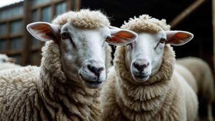 Obraz premium A sheep with white fur located at the farm.