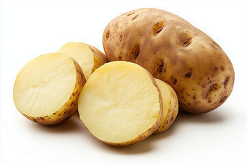 One Whole Potato and Sliced Yukon Gold Potatoes Displayed on White Background, CloseUp Shot