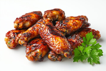 Pile of Delicious Glazed Chicken Wings with Garnish on a White Background Closeup