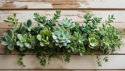 Banner succulents on a wooden background. Idea of home plants, interior decoration featuring green plants.