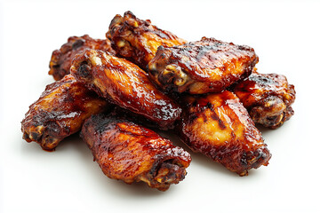 Pile of Glazed and Grilled Chicken Wings Isolated on White Background, Delicious BBQ