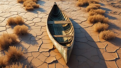 Aerial perspective of a forsaken wooden boat.