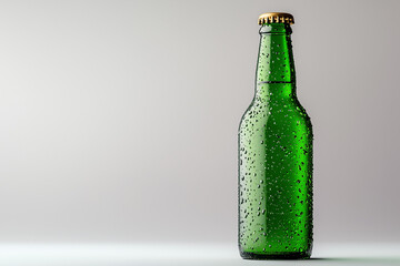 Refreshing Green Beer Bottle with Water Droplets and Golden Cap on White Background