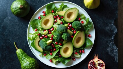 Healthy salad featuring avocado slices, cucumber, broccoli, and pomegranate on a white plate, viewed from above, with avocado salad and green salad components.