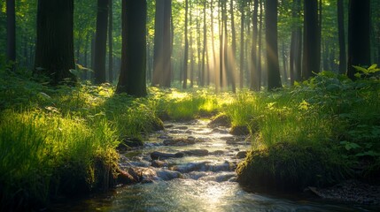 tranquil forest glade where sunlight filters through the leaves and a bubbling brook winds through the grass, Generative AI
