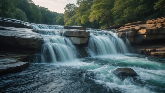 A tranquil waterfall cascading over rocks amid a lush green forest.