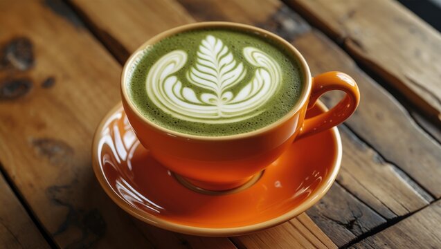 Beautiful matcha latte featuring an intricate leaf design in a vibrant cup - Powered by Adobe