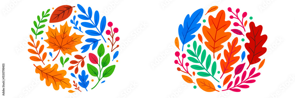 Poster colorful collection of autumn leaves and foliage arranged in a circular pattern showcasing vibrant c