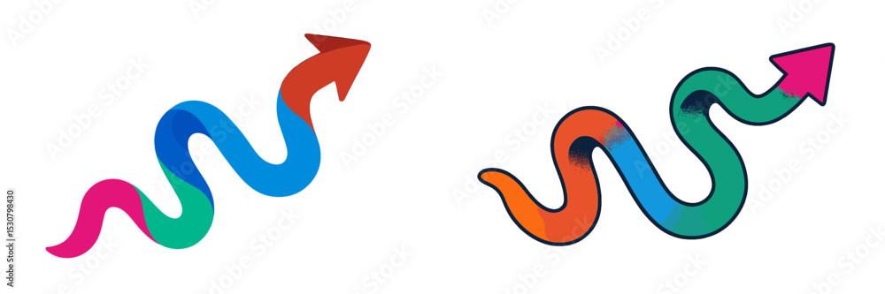 Aufkleber Colorful abstract arrow designs in a wavy pattern on a white background emphasizing creativity and motion in graphics