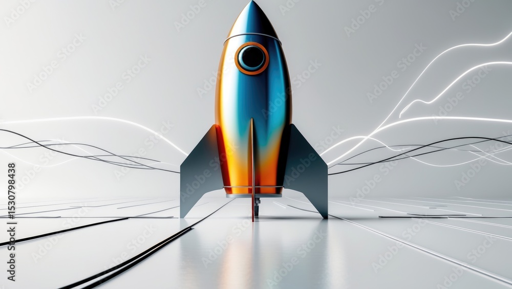 Poster an abstract depiction of a rocket with concepts of acceleration set against a white background.