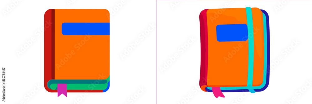 Poster Brightly colored notebooks arranged side by side, showcasing their vibrant designs and bookmarks in an inviting workspace setting