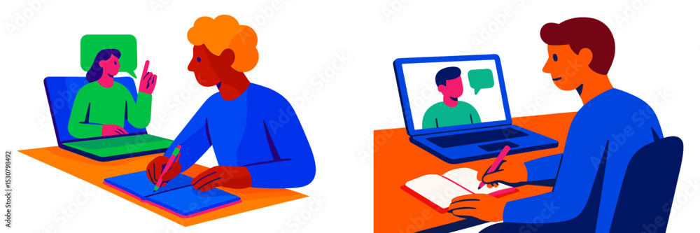 Poster participants engaged in online learning and collaboration through virtual meetings and note-taking a