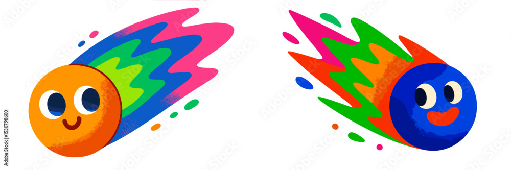 Poster colorful cartoon comets with smiling faces and vibrant trails in a playful cosmic setting