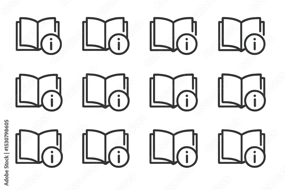 Poster icons representing open books with information symbols arranged in a grid on a white background